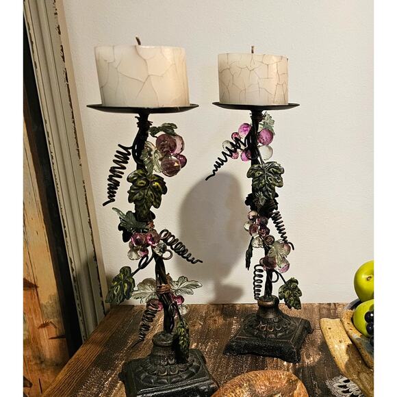Set of 2 Iron/Metal Grapevine Pillar Candle Holders with Acrylic Lucite Grapes - Picture 8 of 10